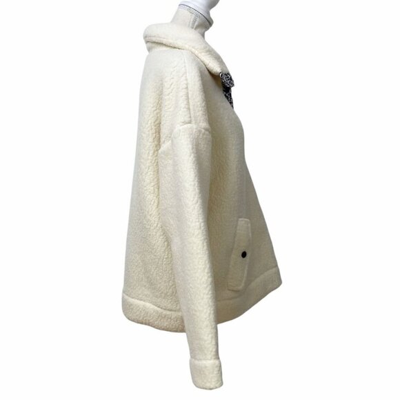 J CREW VINTAGE FLEECE IVORY WHITE SNAP COLLAR LEOPARD TRIM SHERPA PULLOVER - S - Picture 2 of 9